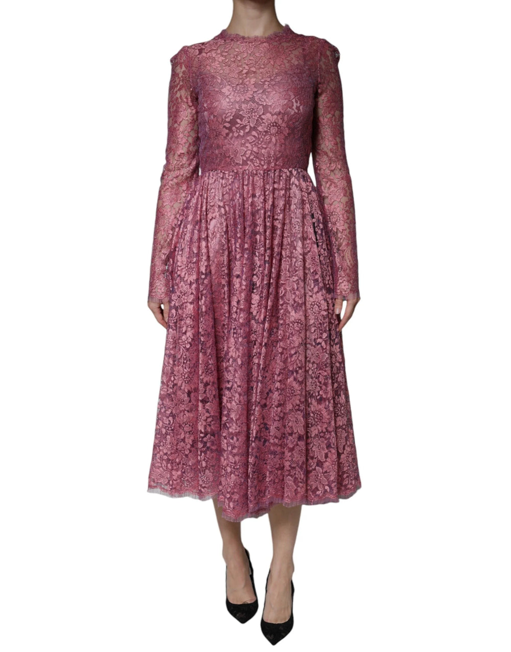 Dolce & Gabbana Pink Floral Lace Long Sleeve Midi Dress - IT36|XXS - Dresses