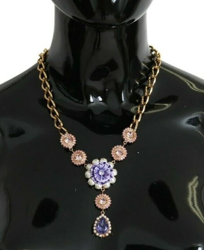 Dolce & Gabbana Pink Gold Brass Crystal Purple Pearl Pendants - Necklaces