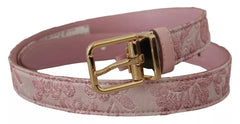 Dolce & Gabbana Pink Jaquard Embroidered Gold Tone Metal Buckle Belt - 75 cm / 29,5 Inches - Belts