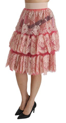 Dolce & Gabbana Pink Lace Layered High Waist Knee Length Skirt - IT40|S - Skirts
