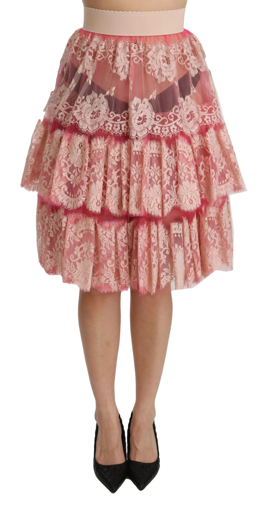 Dolce & Gabbana Pink Lace Layered High Waist Knee Length Skirt - IT40|S - Skirts
