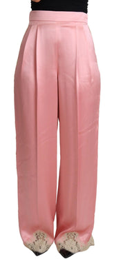 Dolce & Gabbana Pink Lace Trimmed Silk Satin Wide Legs Pants - Trousers