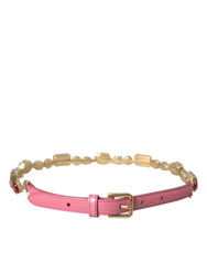 Dolce & Gabbana Pink Leather Crystal Chain Embellished Belt - Belts