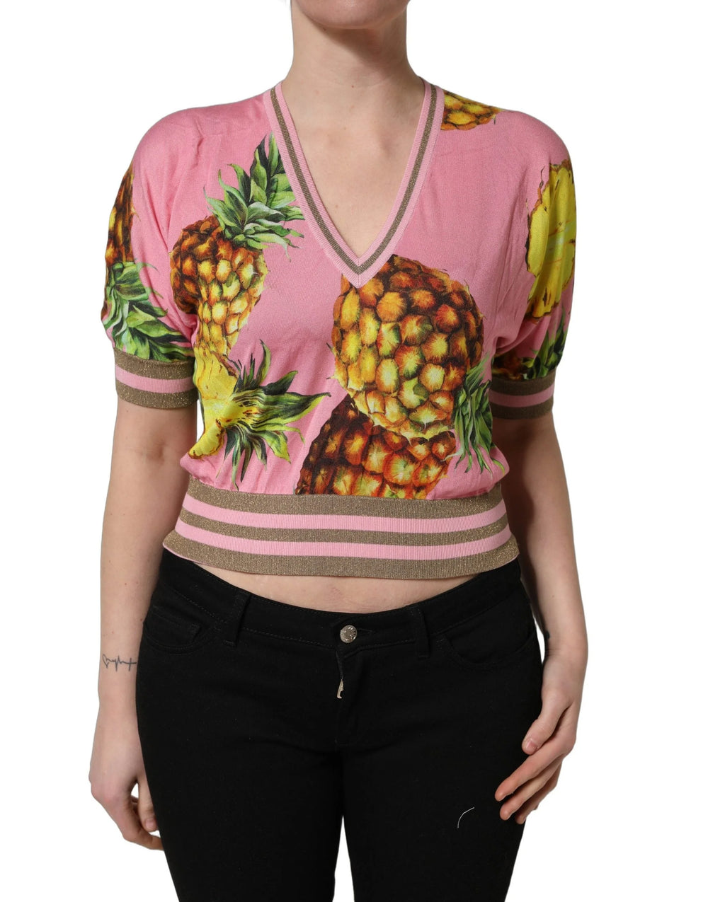 Dolce & Gabbana Pink Pineapple Vneck Short Sleeve Cropped Top - IT38 | XS