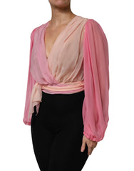 Dolce & Gabbana Pink Plunging V-neck Long Sleeves Blouse Top - IT40|S - Blouses