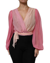 Dolce & Gabbana Pink Plunging V-neck Long Sleeves Blouse Top - IT40|S - Blouses