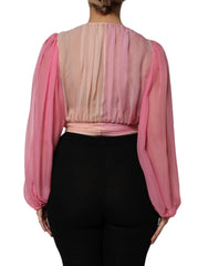 Dolce & Gabbana Pink Plunging V-neck Long Sleeves Blouse Top - IT40|S - Blouses