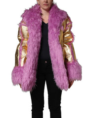 Dolce & Gabbana Pink Plush Faux Fur Gold Leather Coat Jacket - IT40|S