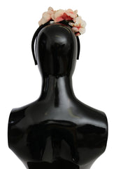 Dolce & Gabbana Pink Silk Black Floral Headband Logo Diadem - Headbands