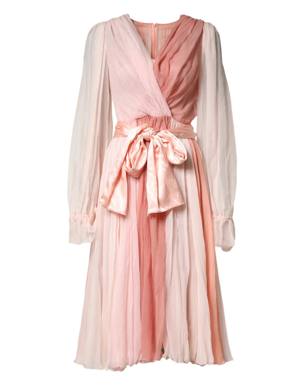 Dolce & Gabbana Pink Silk Tulle Long Sleeve V-neck Dress - IT38 | XS
