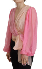 Dolce & Gabbana Pink Silk Wrap Long Sleeves Blouse Top - IT38|XS - Blouses