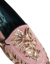 Dolce & Gabbana Pink Velvet Floral Embroidery Loafers Shoes - EU44/US11