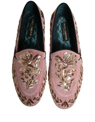 Dolce & Gabbana Pink Velvet Floral Embroidery Loafers Shoes - EU44/US11