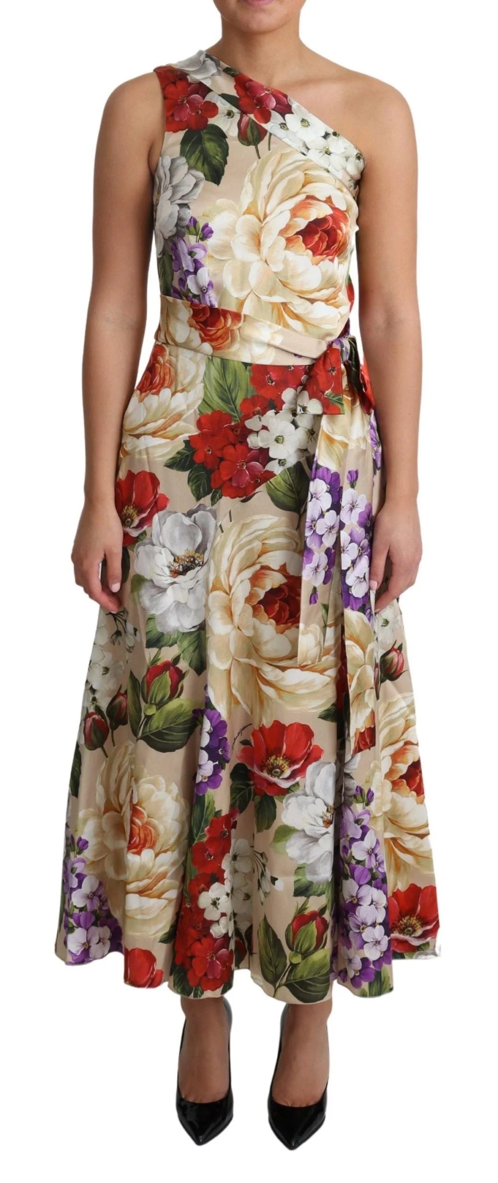 Dolce & Gabbana Print Silk Stretch One Shoulder Dress Floral - IT50|3XL - Dresses
