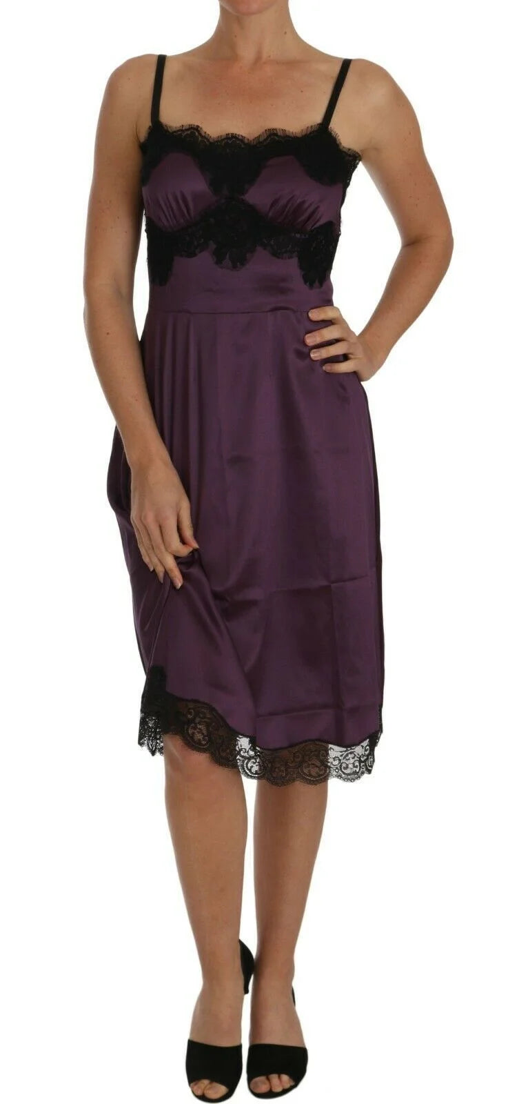 Dolce & Gabbana Purple Silk Stretch Black Lace A-Line Dress - IT40|S - Dresses