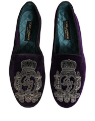 Dolce & Gabbana Zapatos mocasines morados de terciopelo con bordado de corona - EU43/US10