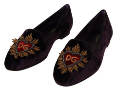 Dolce & Gabbana Purple Velvet DG Heart Loafers Flats Shoes - Flats