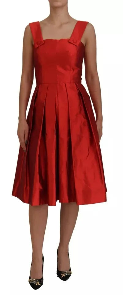 Dolce & Gabbana Red A-line Pleated Midi Satin Silk Dress - IT36|XXS - Dresses