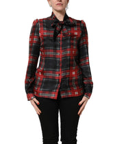 Dolce & Gabbana Red Black Plaid Silk Tie-Neck Blouse Top - IT42|M