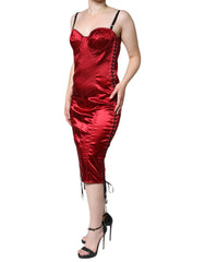 Dolce & Gabbana Red Bustier Corset Lace Bodycon Midi Dress - IT44 | L - Dresses