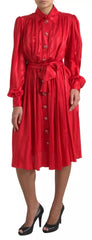 Dolce & Gabbana Red Button Down Belted Midi Satin Silk Dress - Dresses