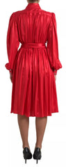 Dolce & Gabbana Red Button Down Belted Midi Satin Silk Dress - Dresses