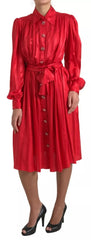 Dolce & Gabbana Red Button Down Belted Midi Satin Silk Dress - Dresses