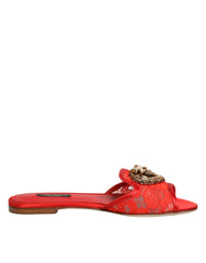 Dolce & Gabbana Red Devotion Lace Flats Slip On Sandals Shoes - Sandals
