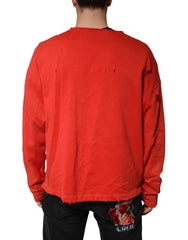 Dolce & Gabbana Red Distressed Cotton V-Neck Sweatshirt Men Sweater - IT54 | XL