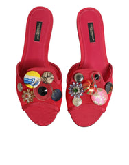 Dolce & Gabbana Red Embellished Flats Slip On Sandals Shoes