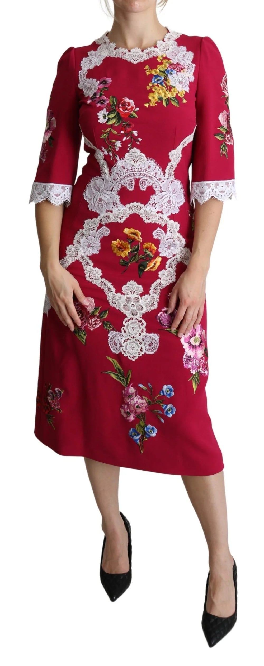 Dolce & Gabbana Red Floral Embroidered Sheath Midi Dress - IT42|M - Dresses