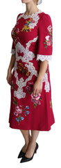 Dolce & Gabbana Red Floral Embroidered Sheath Midi Dress - IT42|M - Dresses