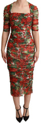 Dolce & Gabbana Red Floral Print Tulle Sheath Midi Dress - IT36 | XS - Dresses
