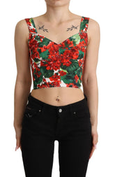 Dolce & Gabbana Red Geranium Print Viscose Sweetheart Cropped Top - IT36 | XS - Tank Tops
