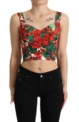 Dolce & Gabbana Red Geranium Print Viscose Sweetheart Cropped Top - IT36 | XS - Tank Tops