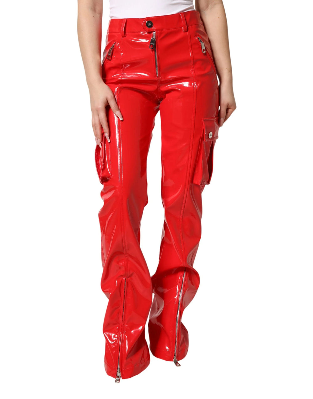 Dolce & Gabbana Red Glossy Polyester Cargo Boot Cut Pants - IT40|S