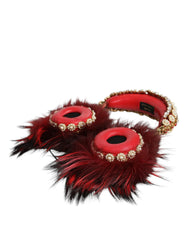 Dolce & Gabbana Red Gold Crystal Fur Headset Audio AUX Headphones - Headsets