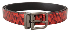 Dolce & Gabbana Red Herringbone Leather Gray Tone Buckle Belt - 90 cm / 36 Inches - Belts
