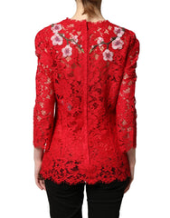 Dolce & Gabbana Red Lace Floral Embroidery Long Sleeves Top - IT36|XXS