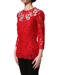 Dolce & Gabbana Red Lace Floral Embroidery Long Sleeves Top - IT36|XXS