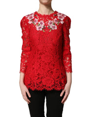 Dolce & Gabbana Red Lace Floral Embroidery Long Sleeves Top - IT36|XXS
