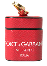 Dolce & Gabbana Red Leather Gold Tone Metal Logo Print Strap Airpods Case - Headphone Carrying Cases