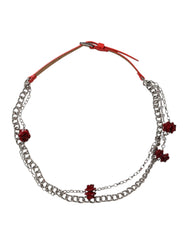 Dolce & Gabbana Red Leather Silver Chain Floral Cintura Belt - Belts