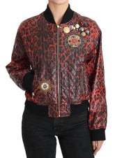 Dolce & Gabbana Red Leopard Button Crystal Leather Jacket - IT42|M - Bomber Jackets