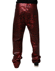 Dolce & Gabbana Red Leopard Cotton Straight Men Denim Jeans - IT48 | M - Jeans