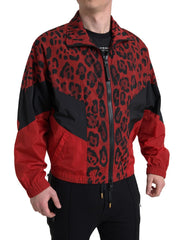 Dolce & Gabbana Red Leopard Nylon Full Zip Sweater - Sweaters