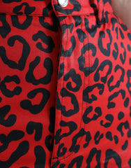 Dolce & Gabbana Red Leopard Print Cotton High Waist Mini Skirt - IT40|S