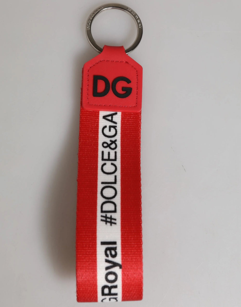 Dolce & Gabbana Red Logo Polyester Silver Brass Holder Keychain Men Keyring - Keychains
