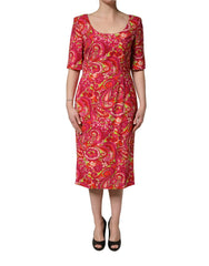 Dolce & Gabbana Red Paisley Floral Print Sheath Midi Dress - IT48|XXL