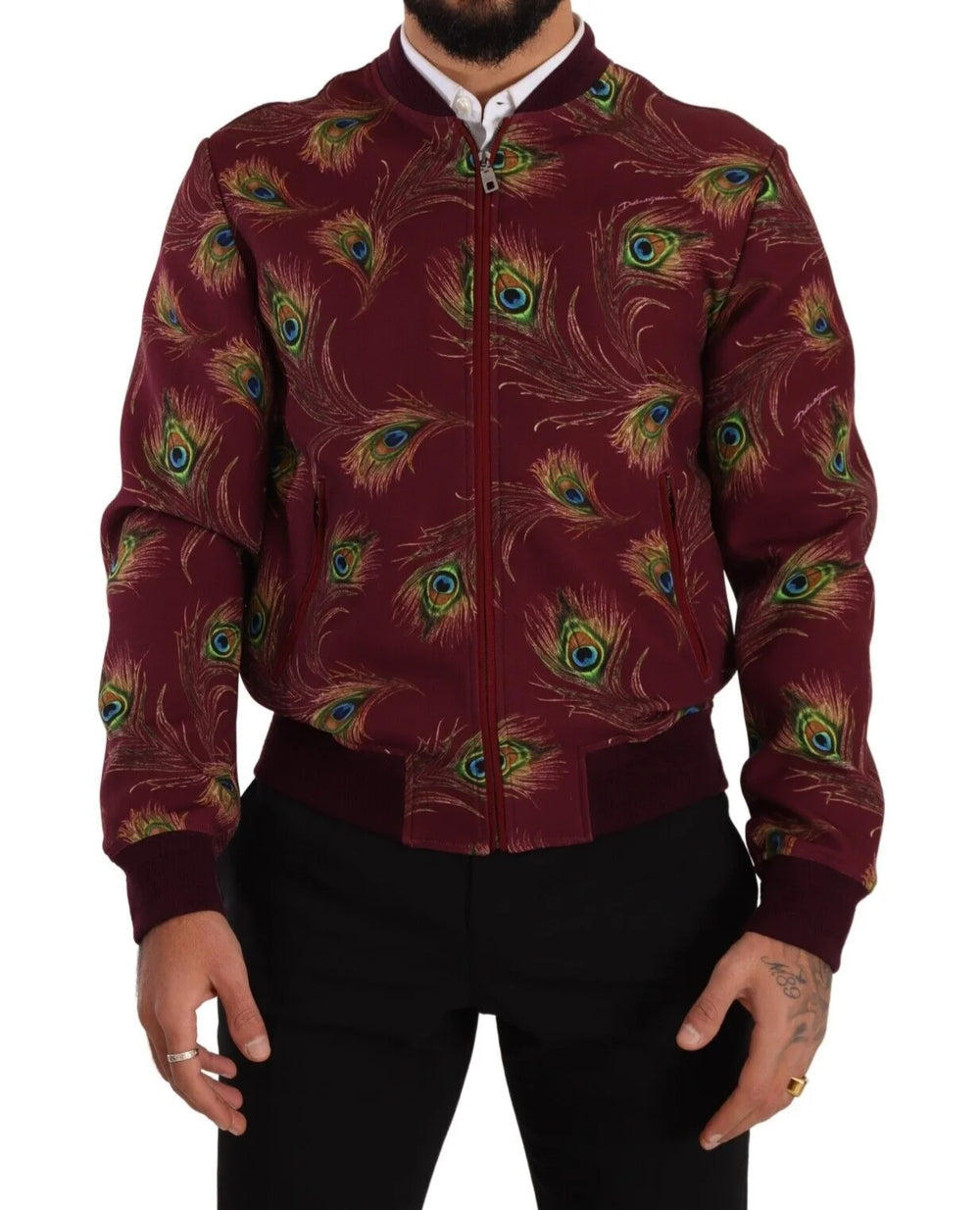 Dolce & Gabbana Red Peacock Polyester Stretch Full Zip Jacket - IT48 | M - Bomber Jackets
